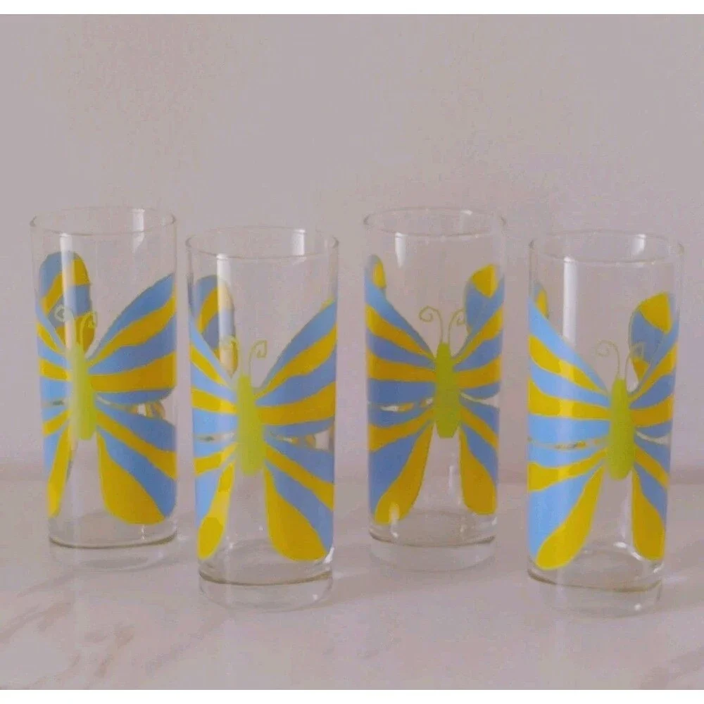 Set Of 4 Vintage MCM Drinking Glasses Tumblers Butterfly Midcentury Modern